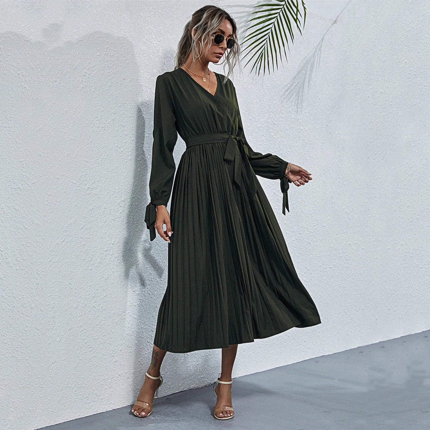 Robe Plissée Manche Longue Vert armée chez My Store