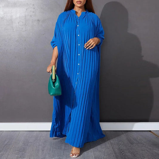 Robe Longue Plissée Manche Longue Bleu chez My Store