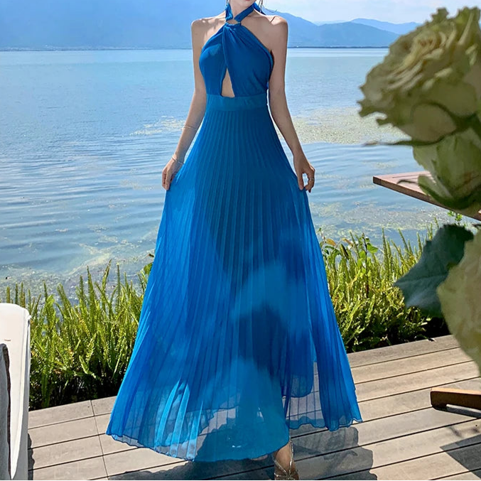 Robe Plissée En Mousseline Bleu chez My Store