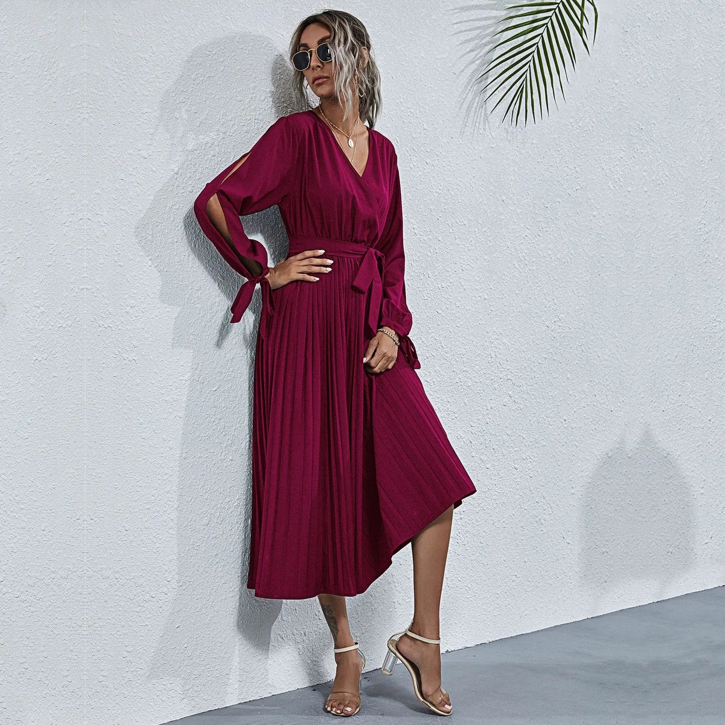 Robe Plissée Manche Longue Bordeaux chez My Store