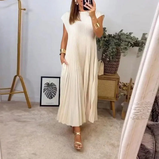 Robe Longue Plissée Beige - ma-robe-plissee.com