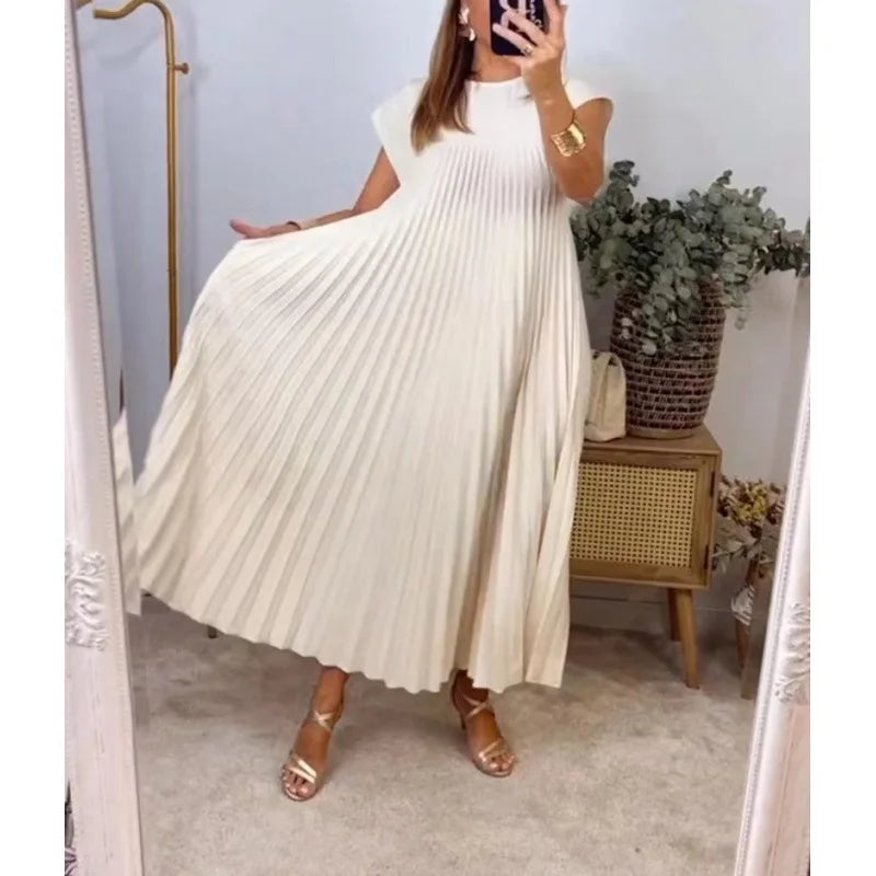 Robe Longue Plissée Beige - ma-robe-plissee.com